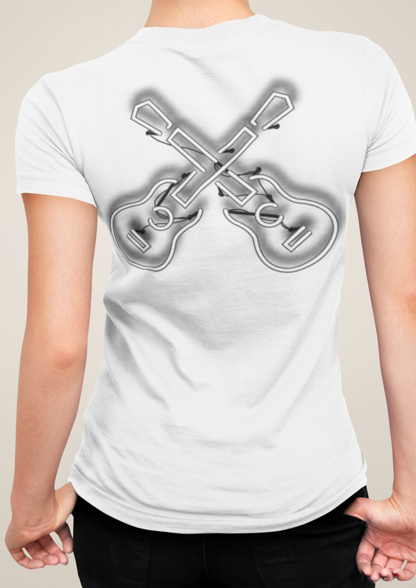 Siyah Beyaz Çift Gitar  Baskılı Beyaz Kadın Bisiklet yaka T-shirt 