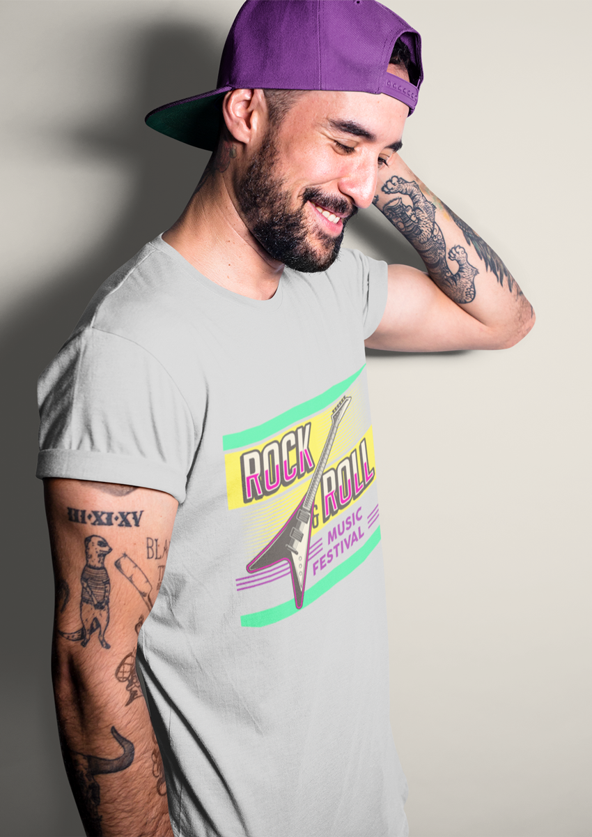 Rock & Roll Music Festival baskılı Gri Bisiklet yaka Erkek T-shirt 