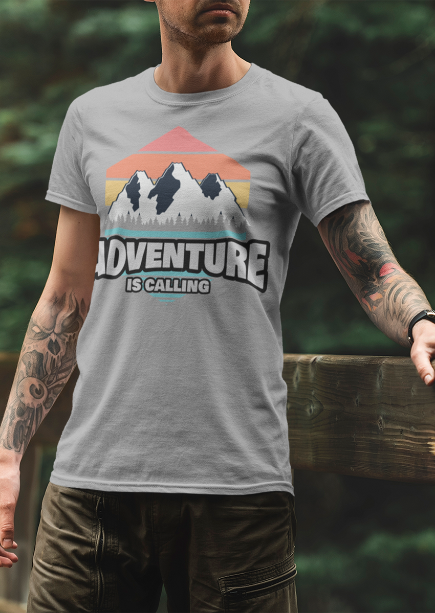 Adventure is Calling baskılı Gri Bisiklet yaka Erkek T-shirt