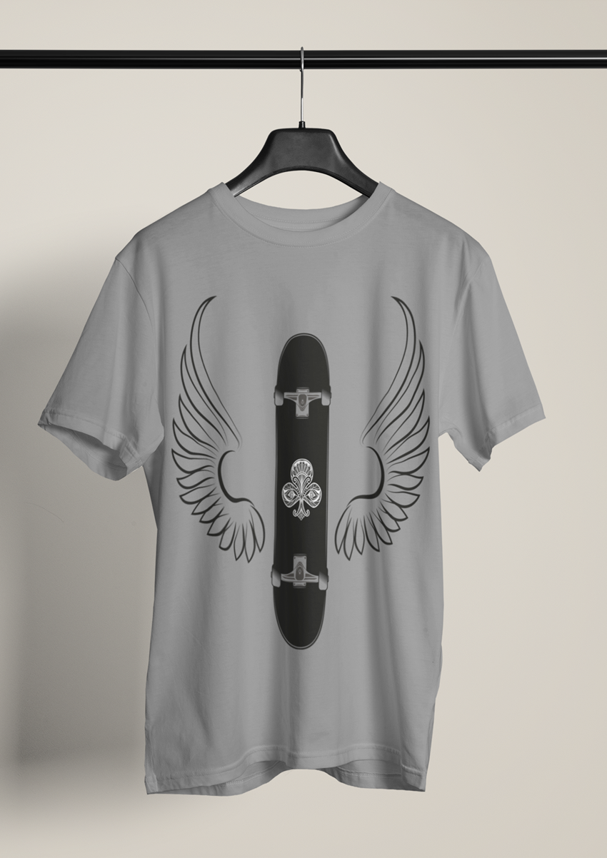 Angel Scateboard baskılı Gri Bisiklet yaka Erkek T-shirt 