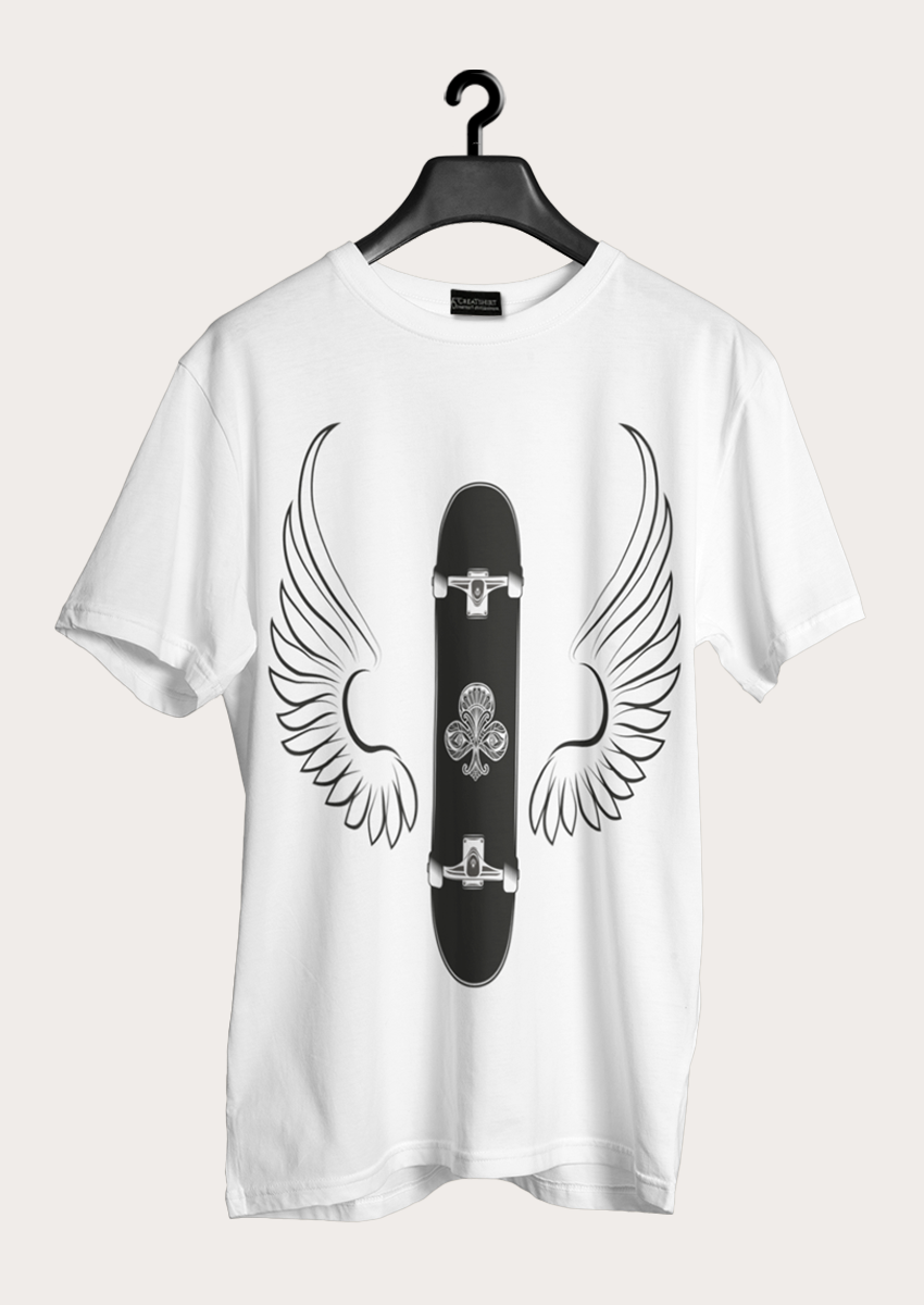 Angel Scateboard baskılı Beyaz Bisiklet yaka Erkek T-shirt 