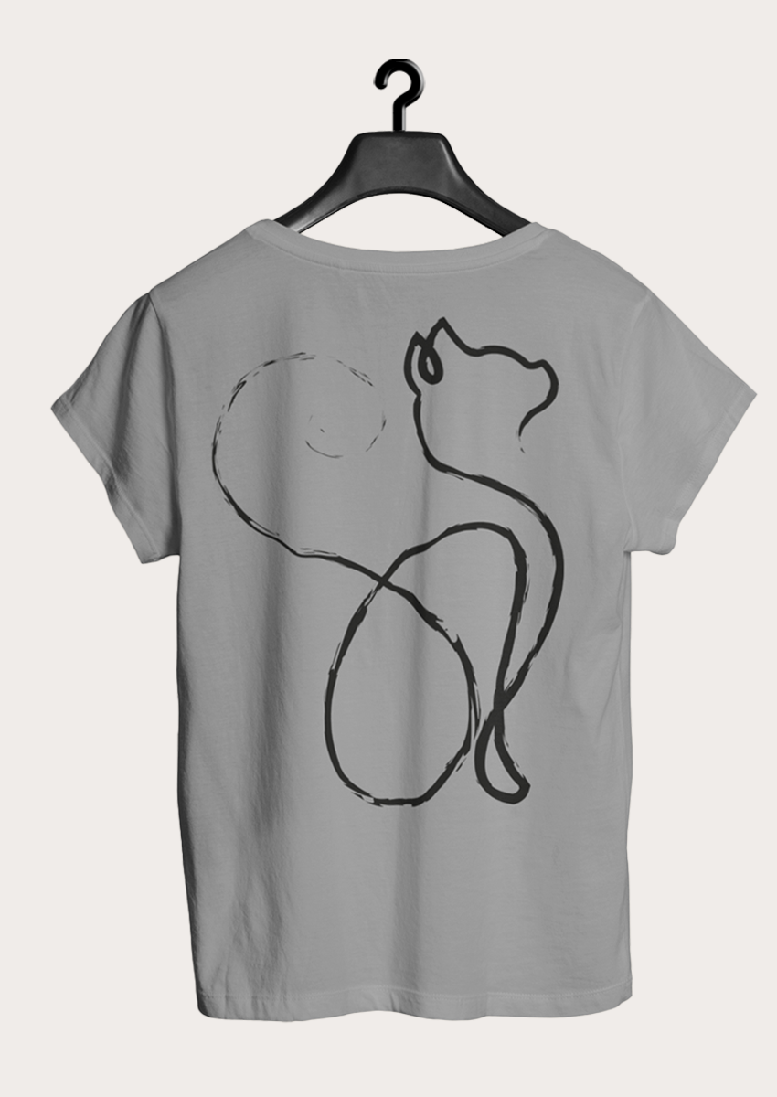 Sırtı Siyah Kedi Baskılı Gri Kadın Bisiklet yaka T-shirt 