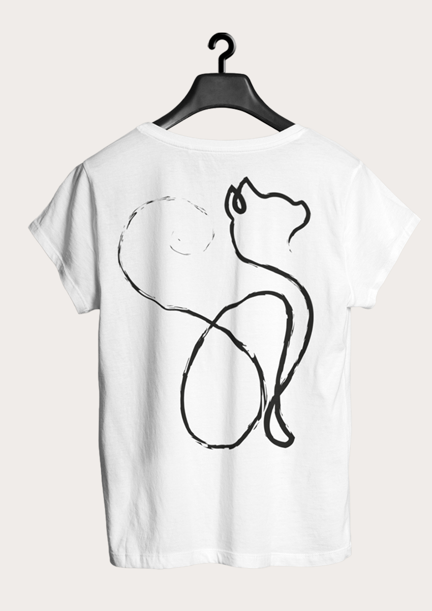 Sırtı Siyah Kedi Baskılı Beyaz Kadın Bisiklet yaka T-shirt 