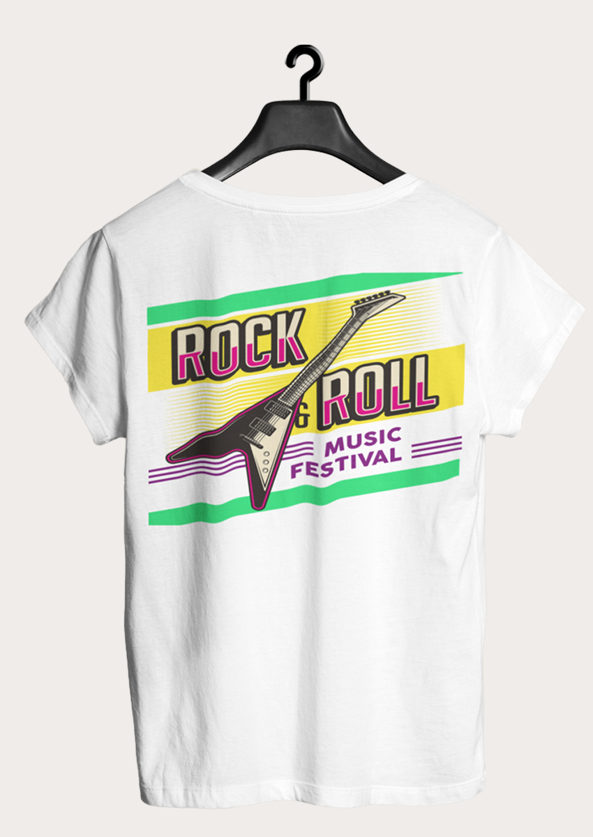 Rock & Roll Music Festival baskılı beyaz Bisiklet yaka Kadın T-shirt 