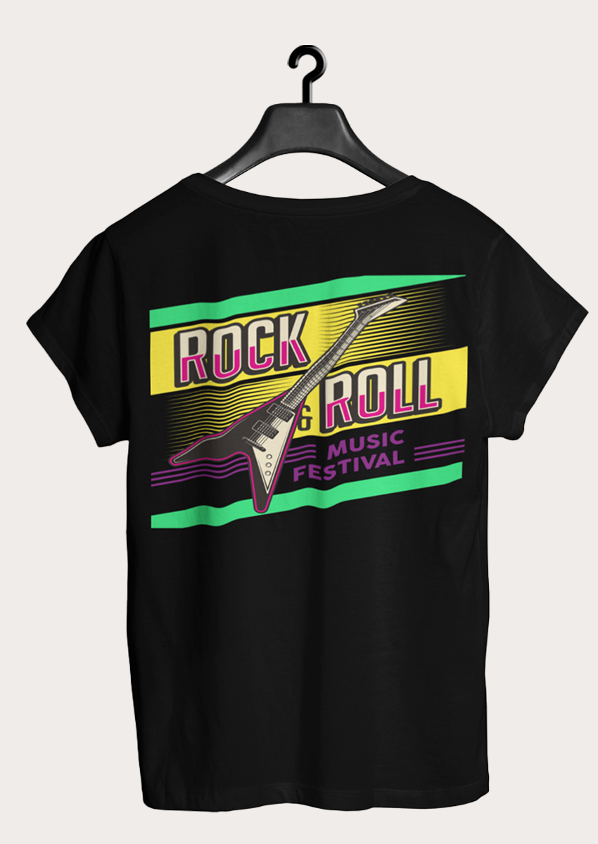 Rock & Roll Music Festival baskılı Siyah Bisiklet yaka Kadın T-shirt