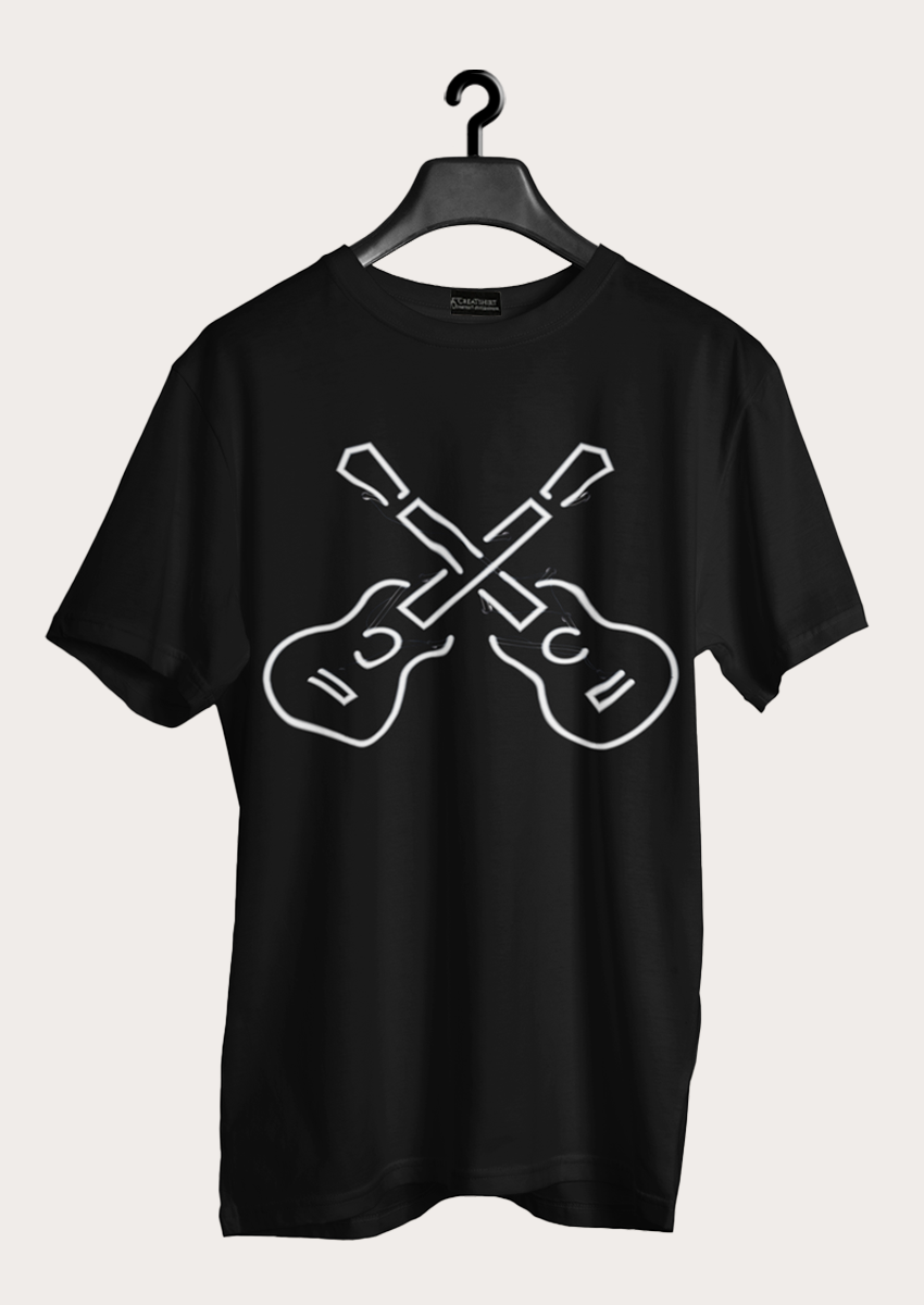 Siyah Beyaz Çift Gitar Baskılı Siyah Erkek Bisiklet yaka T-shirt 