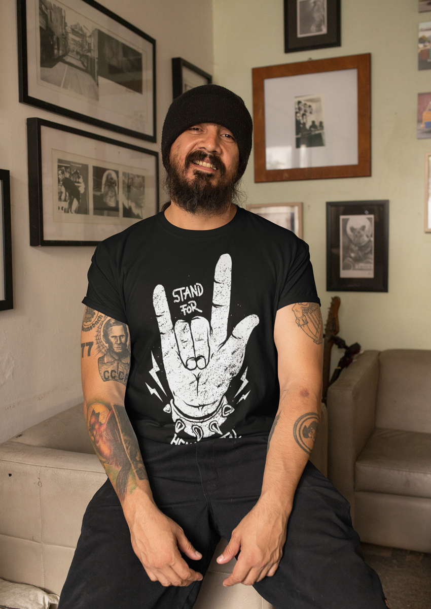 Heavy Metal El baskılı Siyah Erkek Bisiklet yaka T-shirt