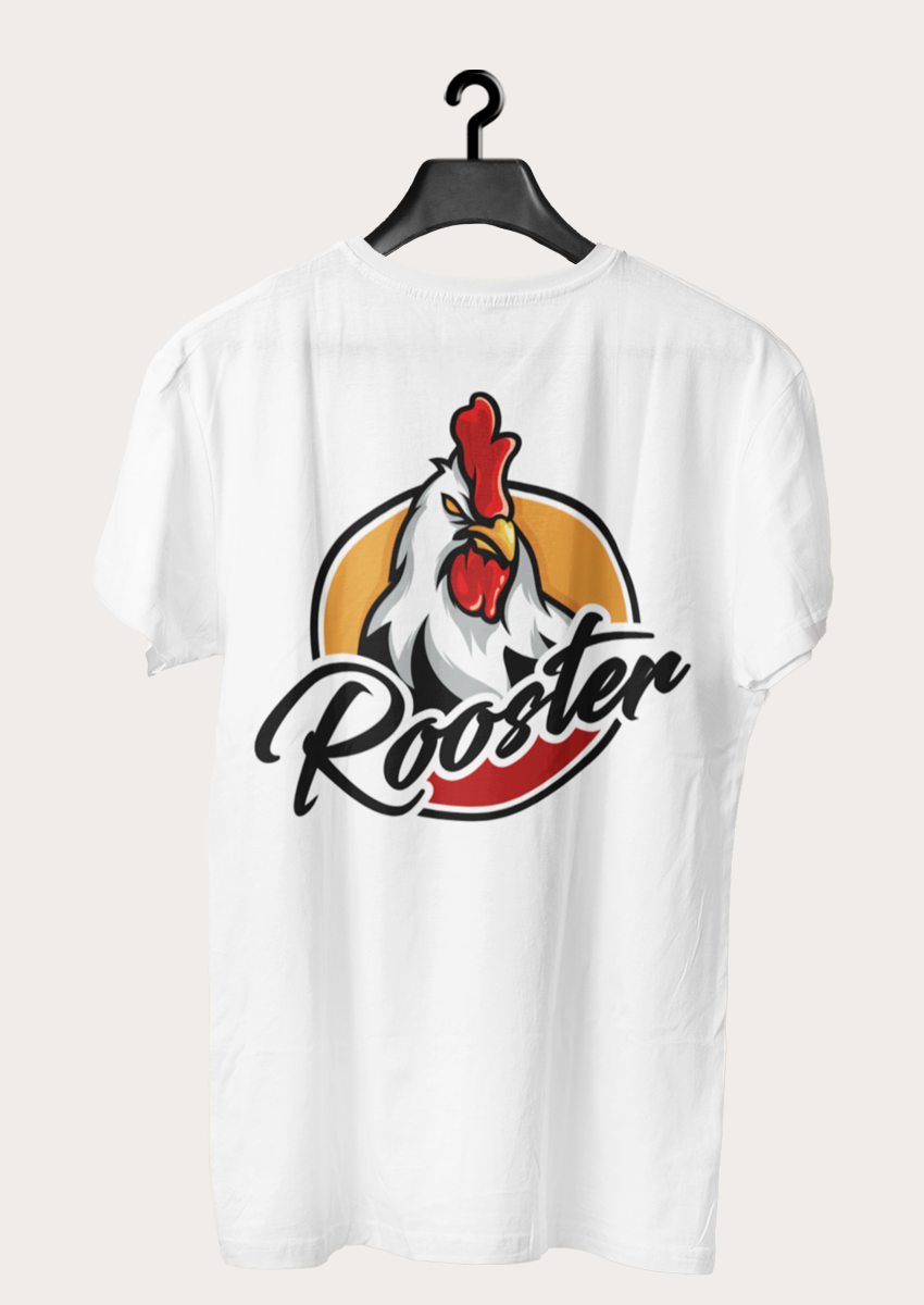 Rooster Horoz Arkası baskılı Beyaz Erkek Bisiklet Yaka T-shirt