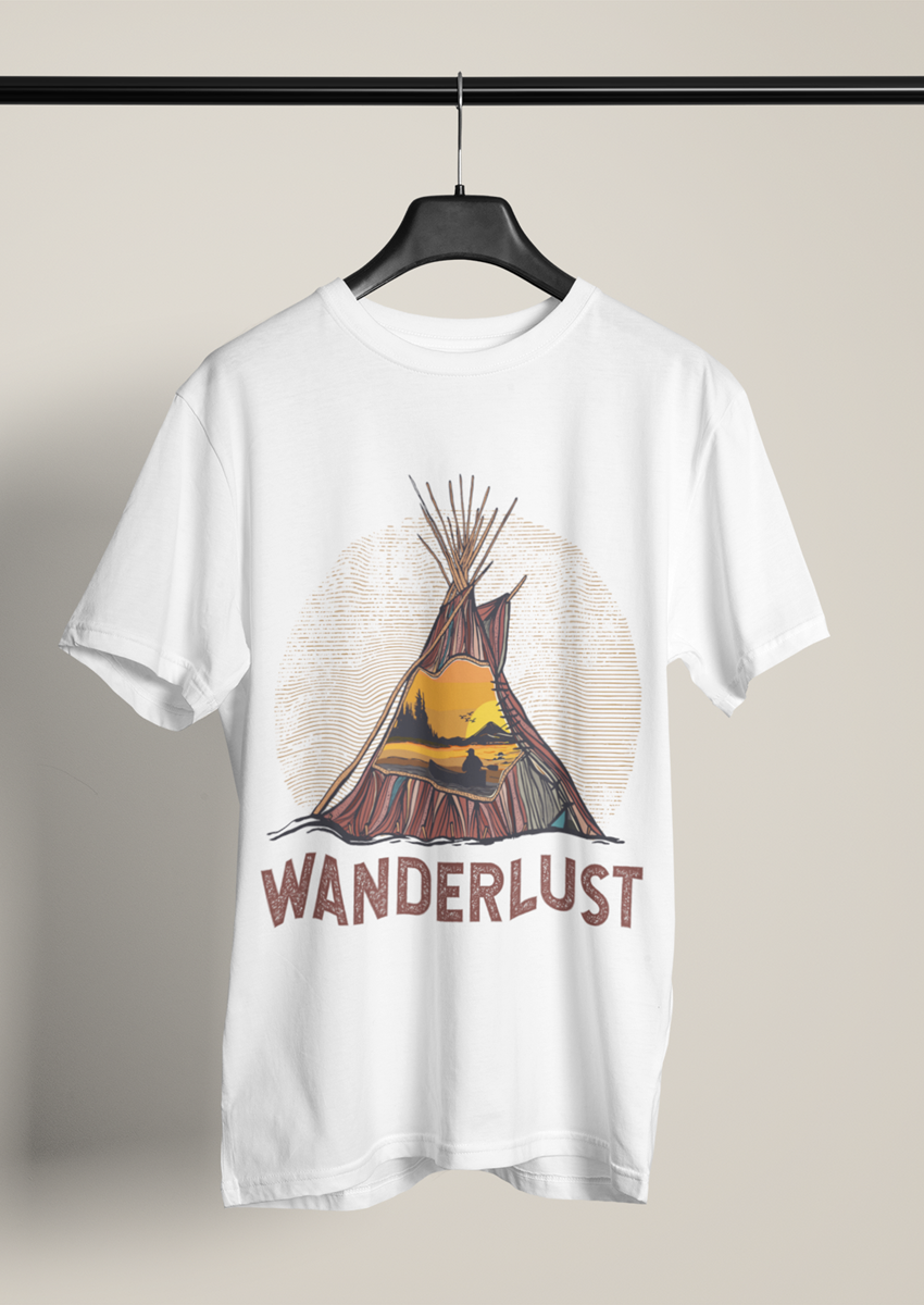 Wanderlust Çadır baskılı Beyaz Erkek Bisiklet yaka T-shirt