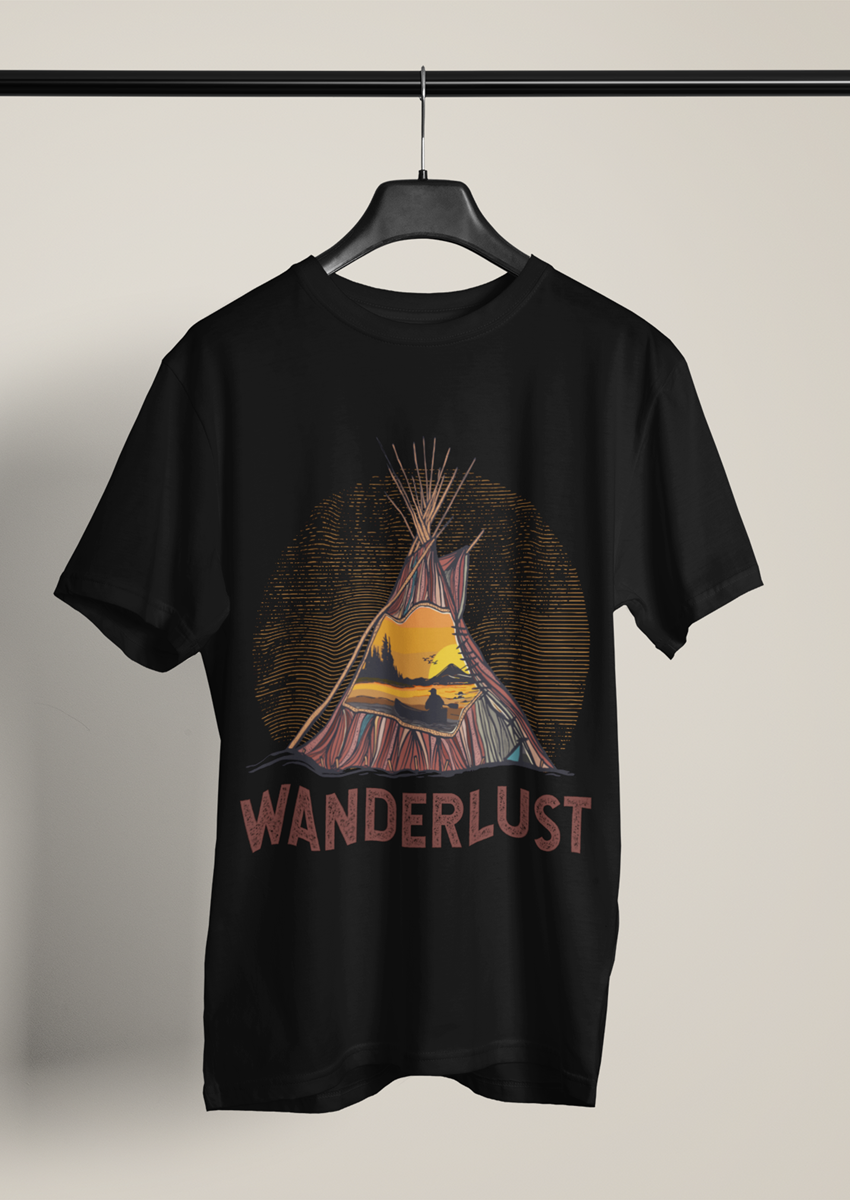 Wanderlust Çadır baskılı Siyah Erkek Bisiklet yaka T-shirt 