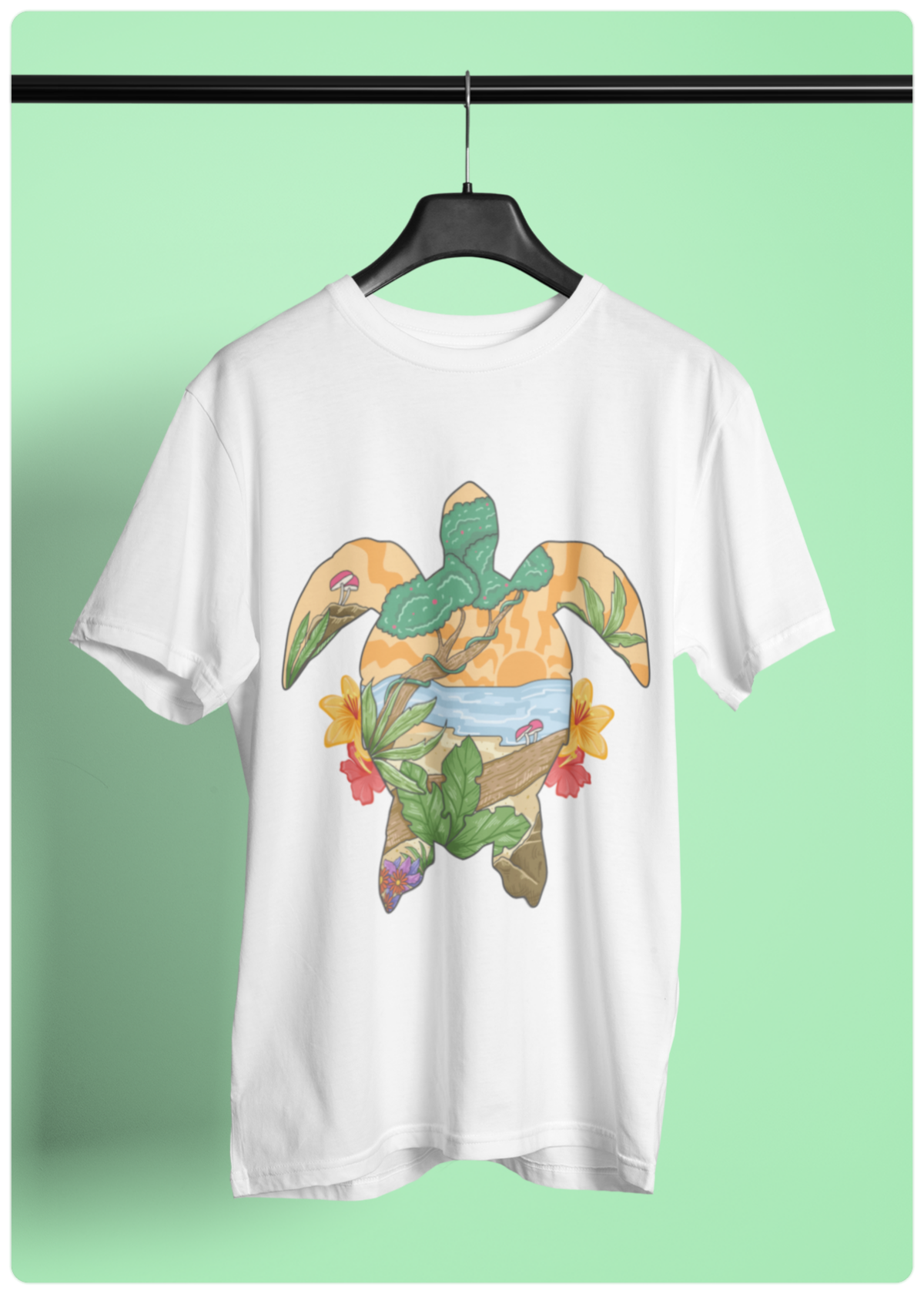 Summer Turtle baskılı Beyaz Erkek Bisiklet yaka T-shirt -