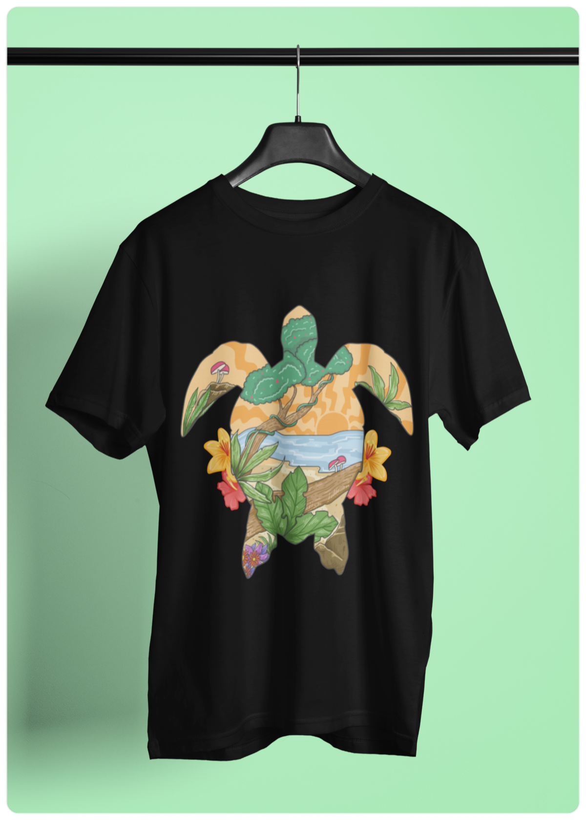 Summer Turtle baskılı Siyah Erkek Bisiklet yaka T-shirt - 