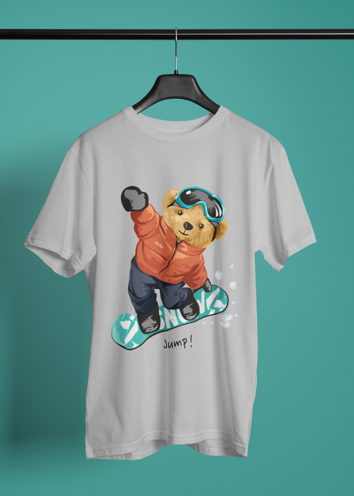 Bear & Snowbord baskılı Gri Erkek bisiklet yaka T-shirt 