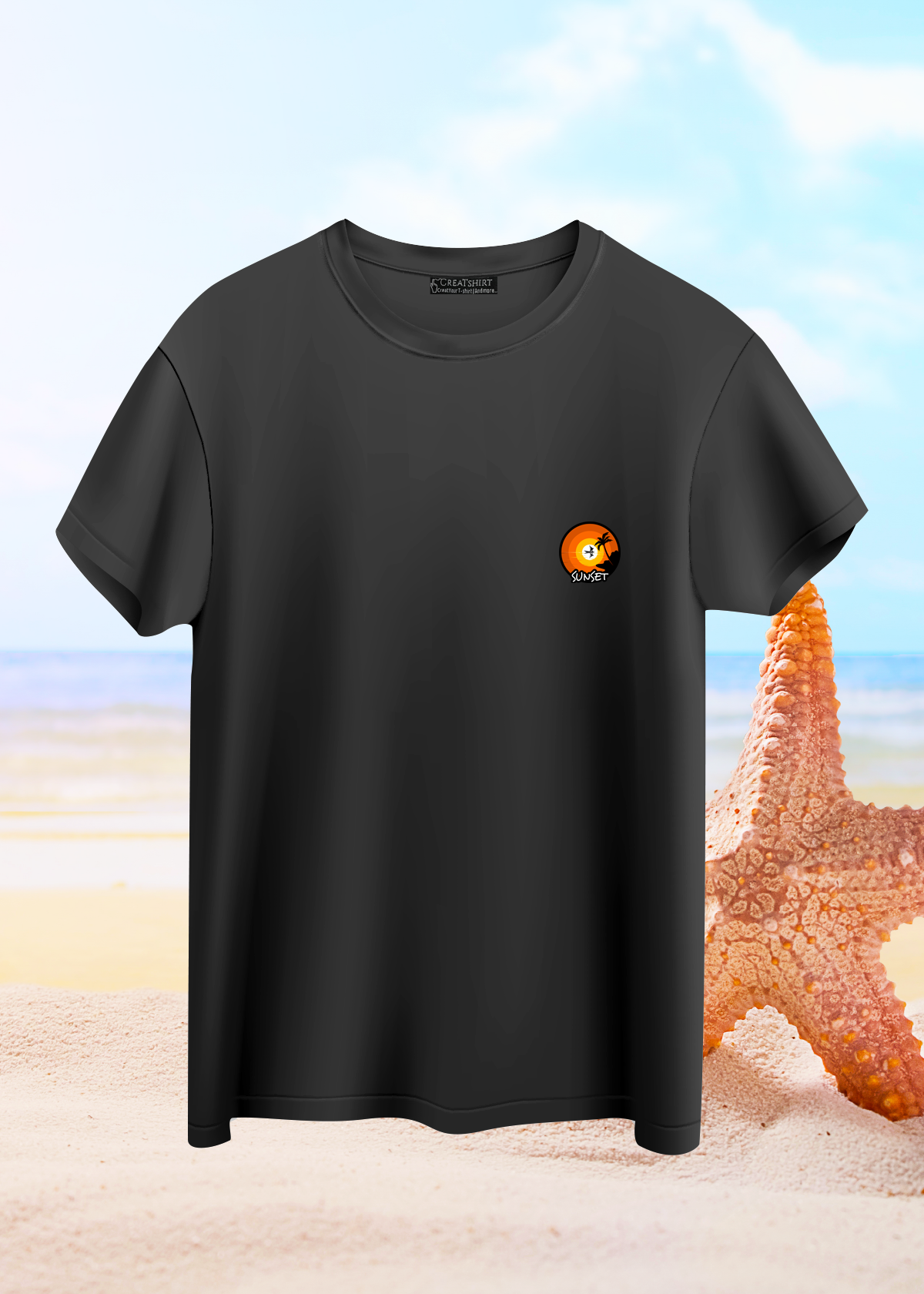 Crea-tshirt ‘Sunset ’ Göğüs baskılı Bisiklet Yaka Siyah  Erkek T-shirt 