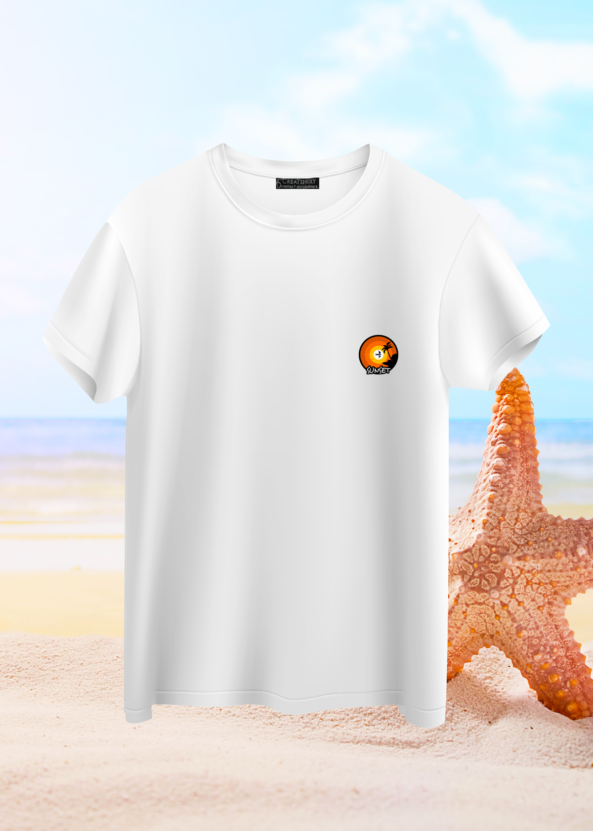 Crea-tshirt ‘Sunset ’ Göğüs baskılı Bisiklet Yaka Beyaz  Erkek T-shirt 