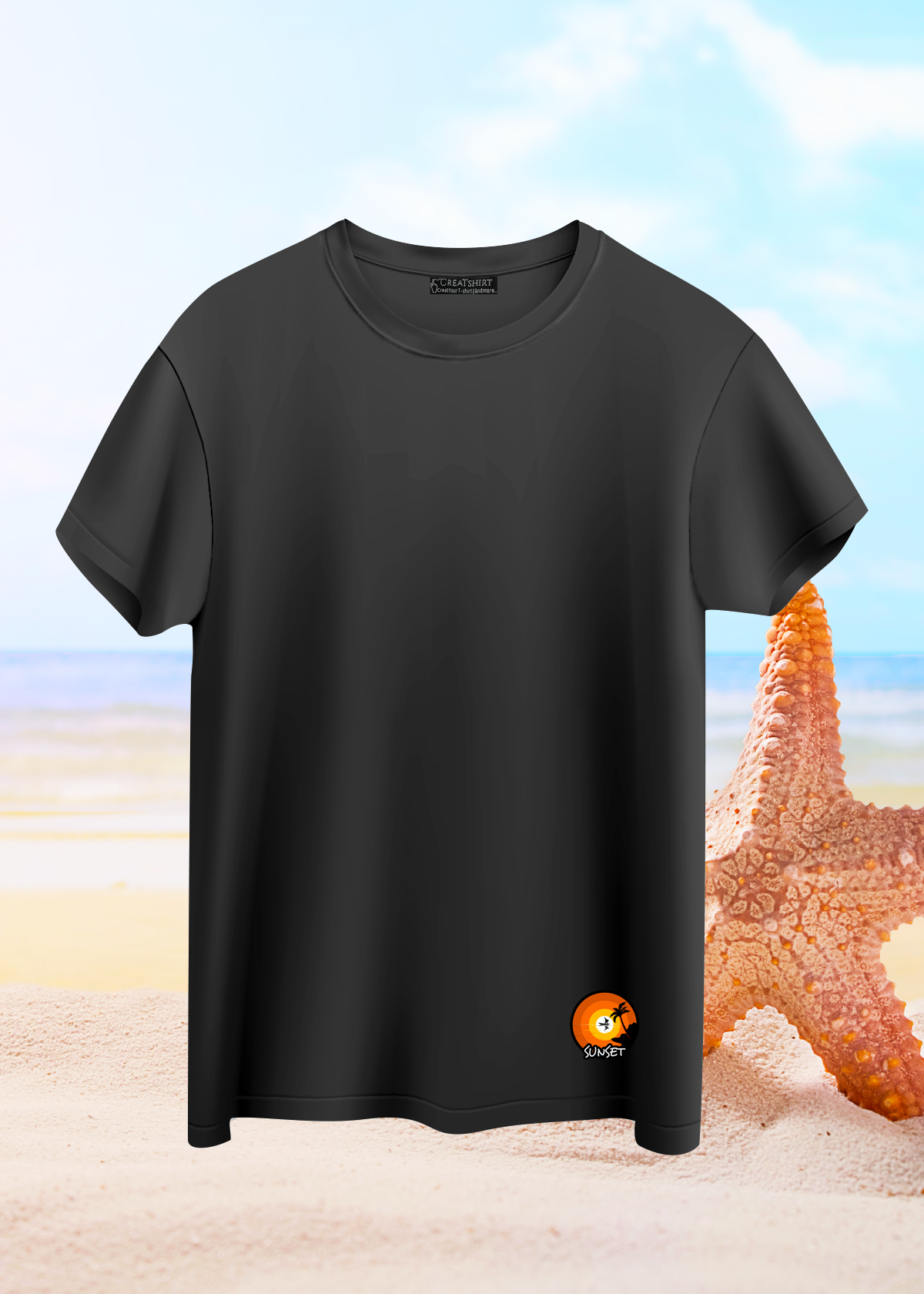  Crea-tshirt ‘Sunset ’ Etek ucu baskılı Bisiklet Yaka Siyah Erkek T-shirt 