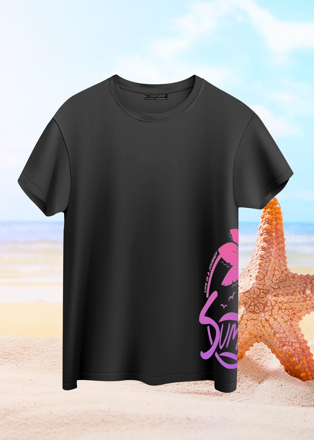 Crea-tshirt ‘Summer ’ Yan baskılı Bisiklet Yaka Siyah  T-shirt