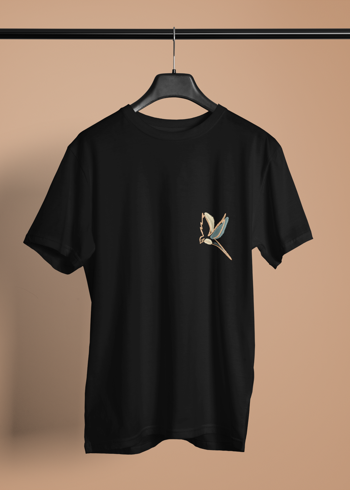 'Free Bird' Özel tasarım Göğüs baskılı Bisiklet yaka Siyah T-shirt