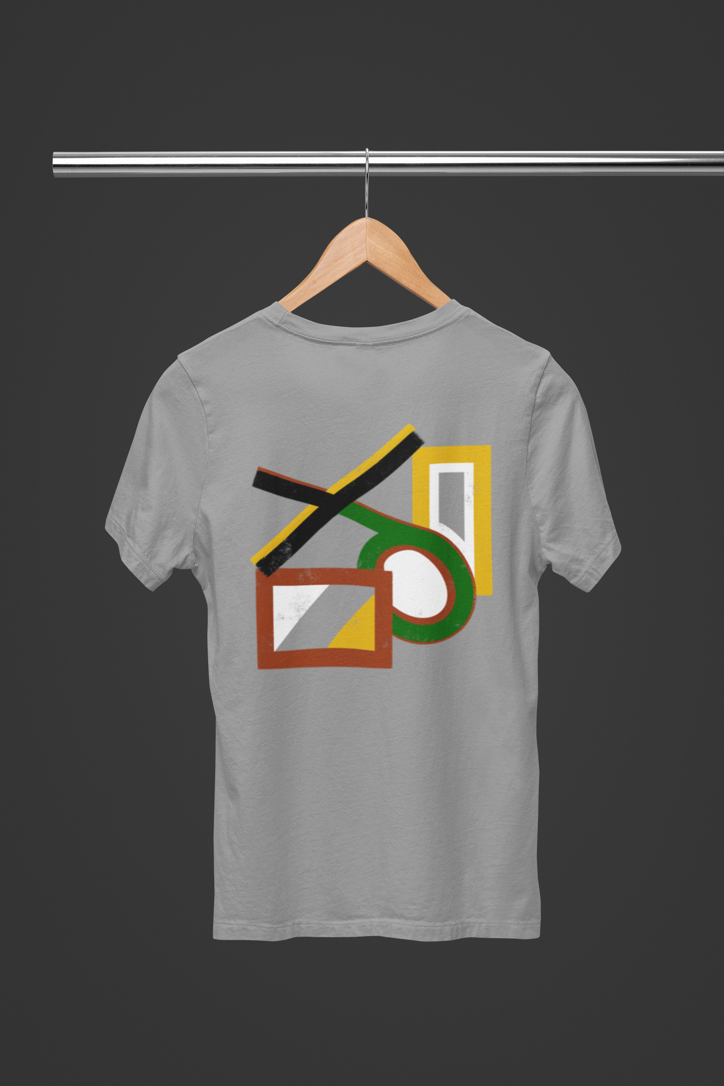 Hand Draw Renkli Geometrik Sırt Baskılı Gri Bisiklet yaka Kadın T-shirt